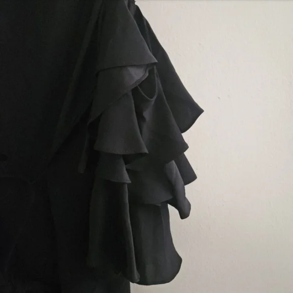 REVOLVE AMANDA UPRICHARD BLACK SILK COLD SHOULDER RUFFLE SLEEVE BELTED DRESS - Picture 8 of 12